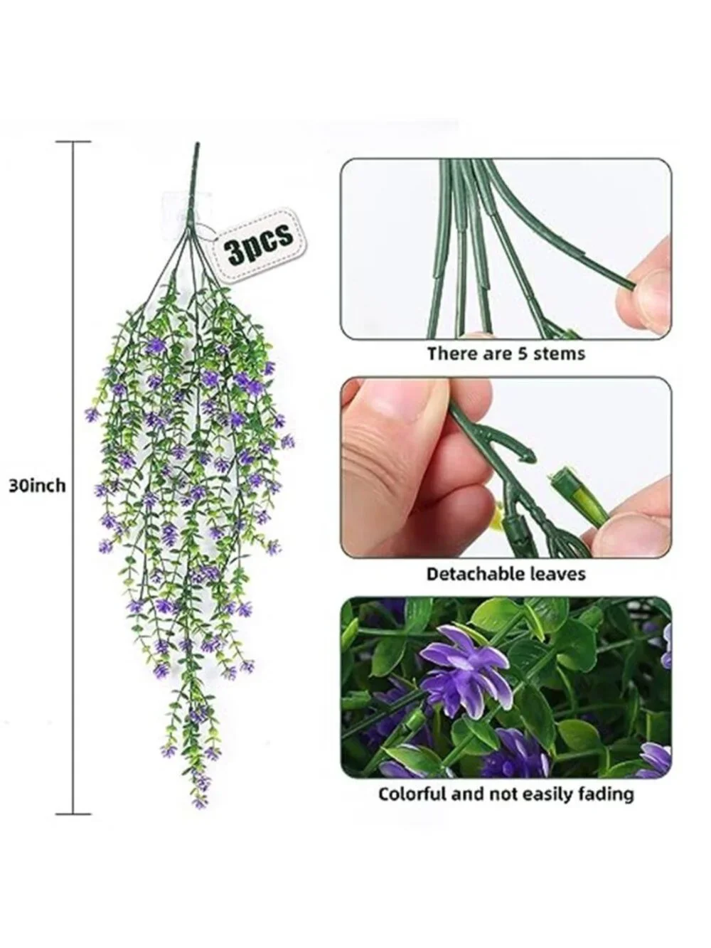 Artificial Hanging Fern Plants UV Resistant Faux Outdoor Indoor Decor Purple 3Pk